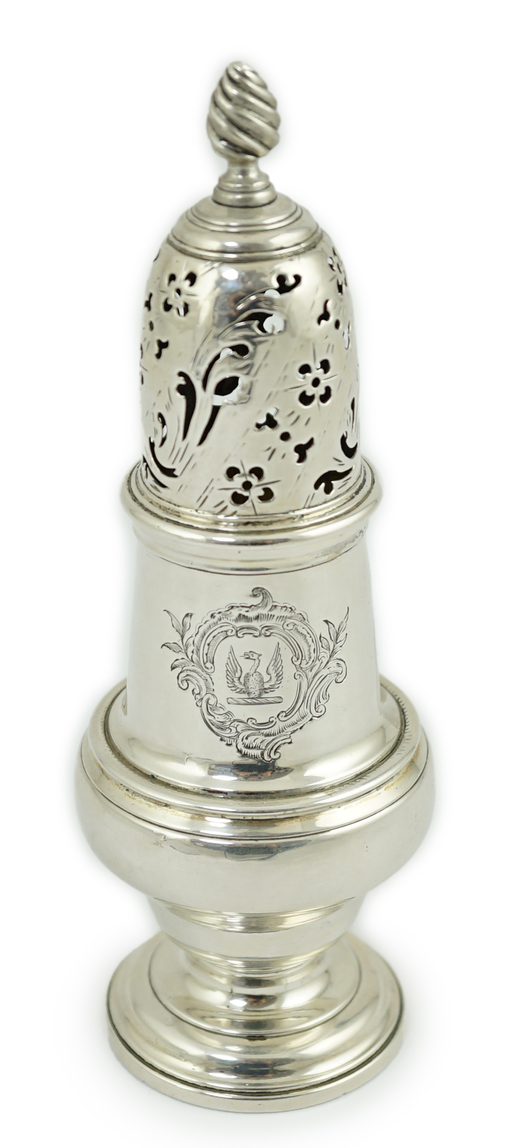 An early George III silver baluster sugar caster, by John Delmester